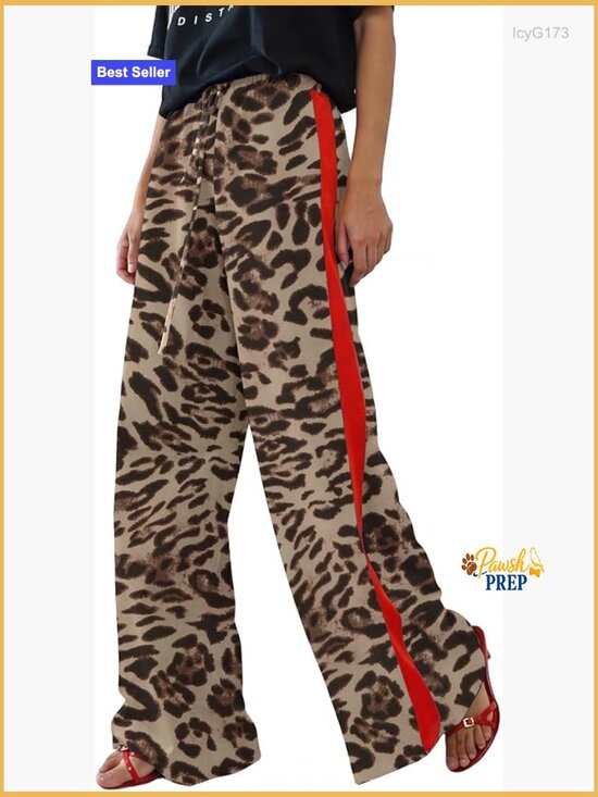 Pants - Wide Leg Palazzo Trousers with Pockets Leopard Print High Waisted